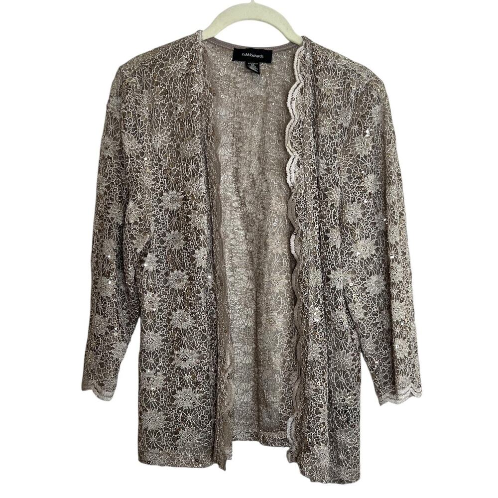 R&M Richards Sequin Lace Open Front Evening Jacket Size 10 Champagne